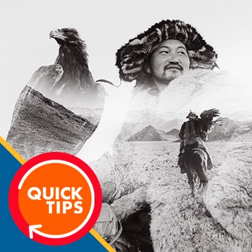 Black and white double exposure portrait combining a man in a fur hat with an eagle and mountain landscape, demonstrating a double exposure effect in Photoshop