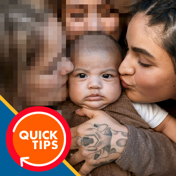 Pixelated low-resolution photo of a mother kissing her baby, demonstrating how to convert a low-resolution image to high-resolution in Photoshop