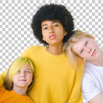 Three people with different hair textures cut out from their background leaving transparency, demonstrating advanced hair masking with channels in Photoshop