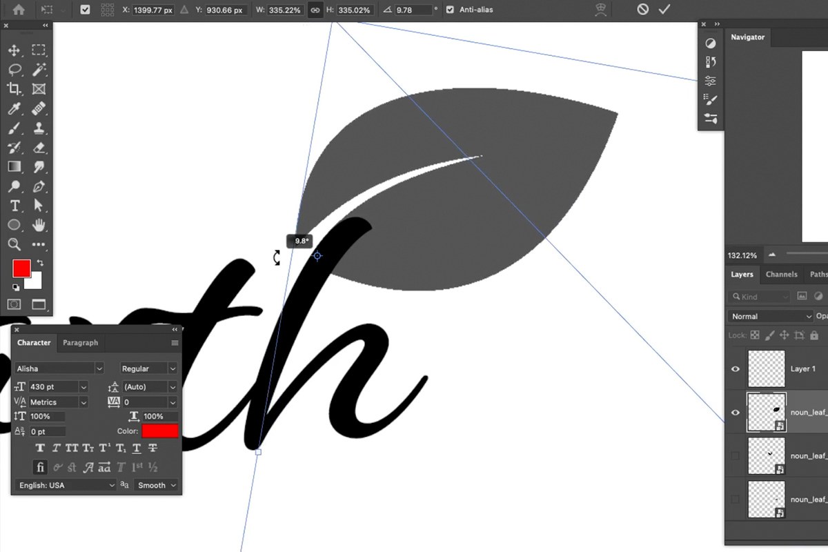 rotating and scaling the leaf icon to follow the letterform