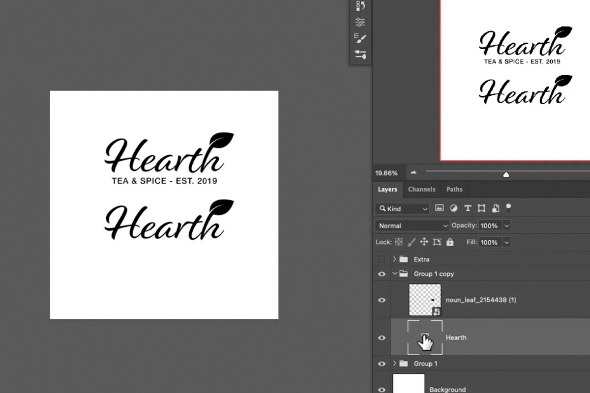 comparing two versions of the wordmark in Photoshop