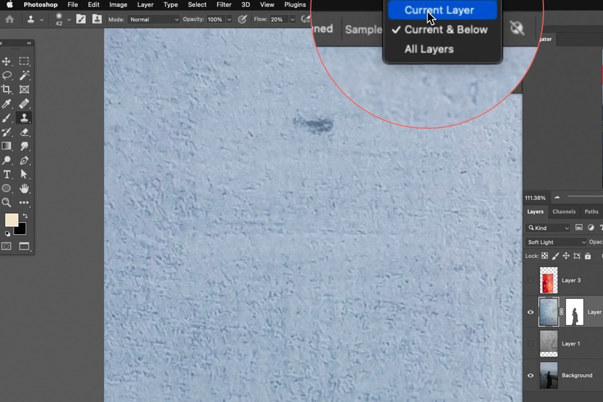 sampling a clean area of the texture with the Clone Stamp tool