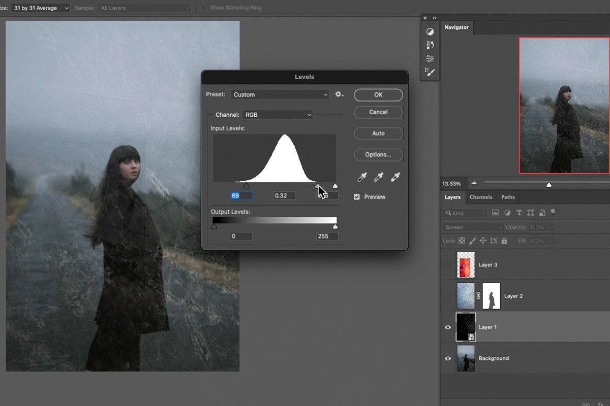 adjusting Levels to control how strongly the texture shows