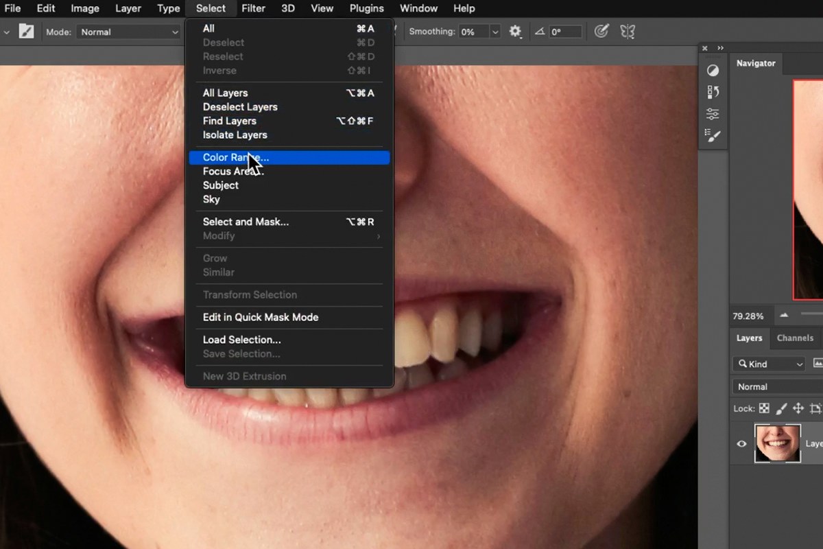 choosing Color Range from the Select menu in Photoshop