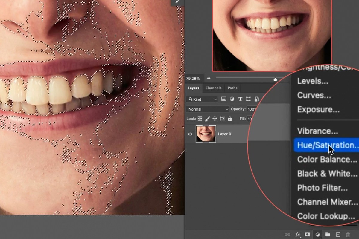 the active selection outlining the teeth in the portrait