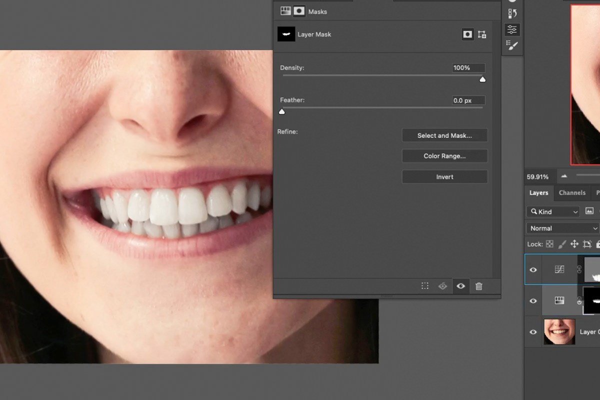 fine-tuning the Hue/Saturation sliders on the whitened teeth
