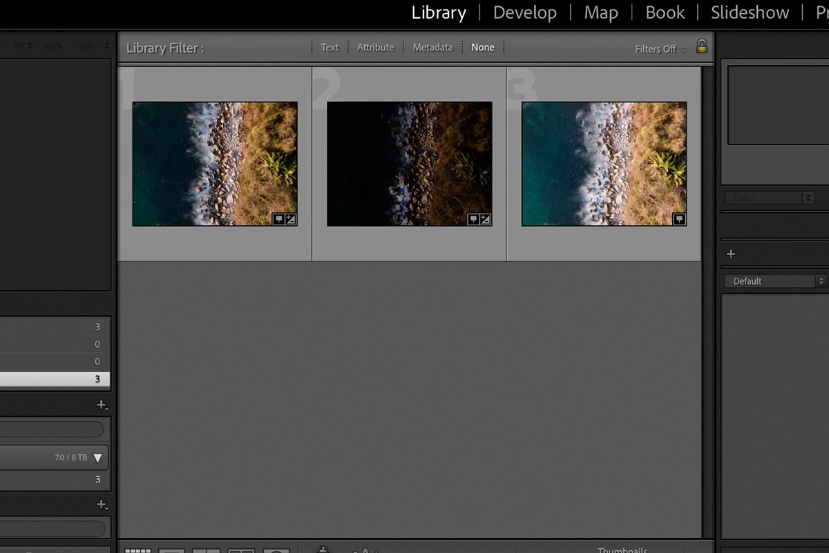 bracketed drone photos selected in the Lightroom Classic Library module