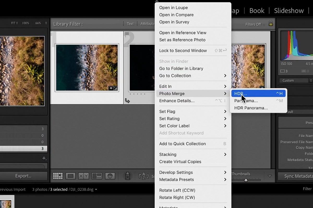 choosing Photo Merge and HDR from the right-click menu in Lightroom Classic