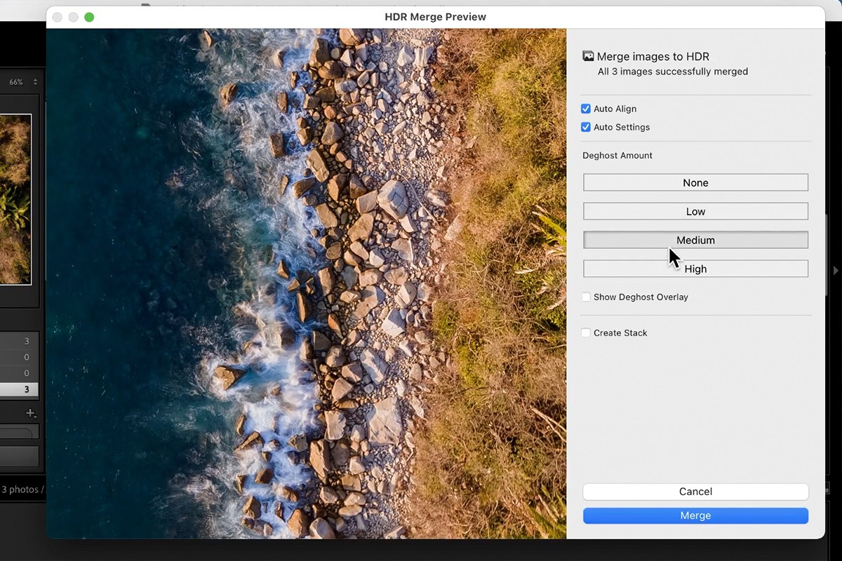 the HDR Merge Preview window with Deghost Amount options in Lightroom Classic