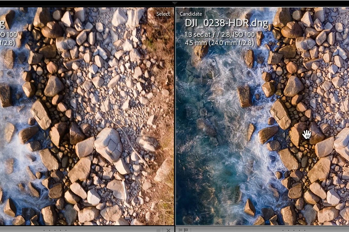 a single exposure and the merged HDR drone photo side by side in Compare view