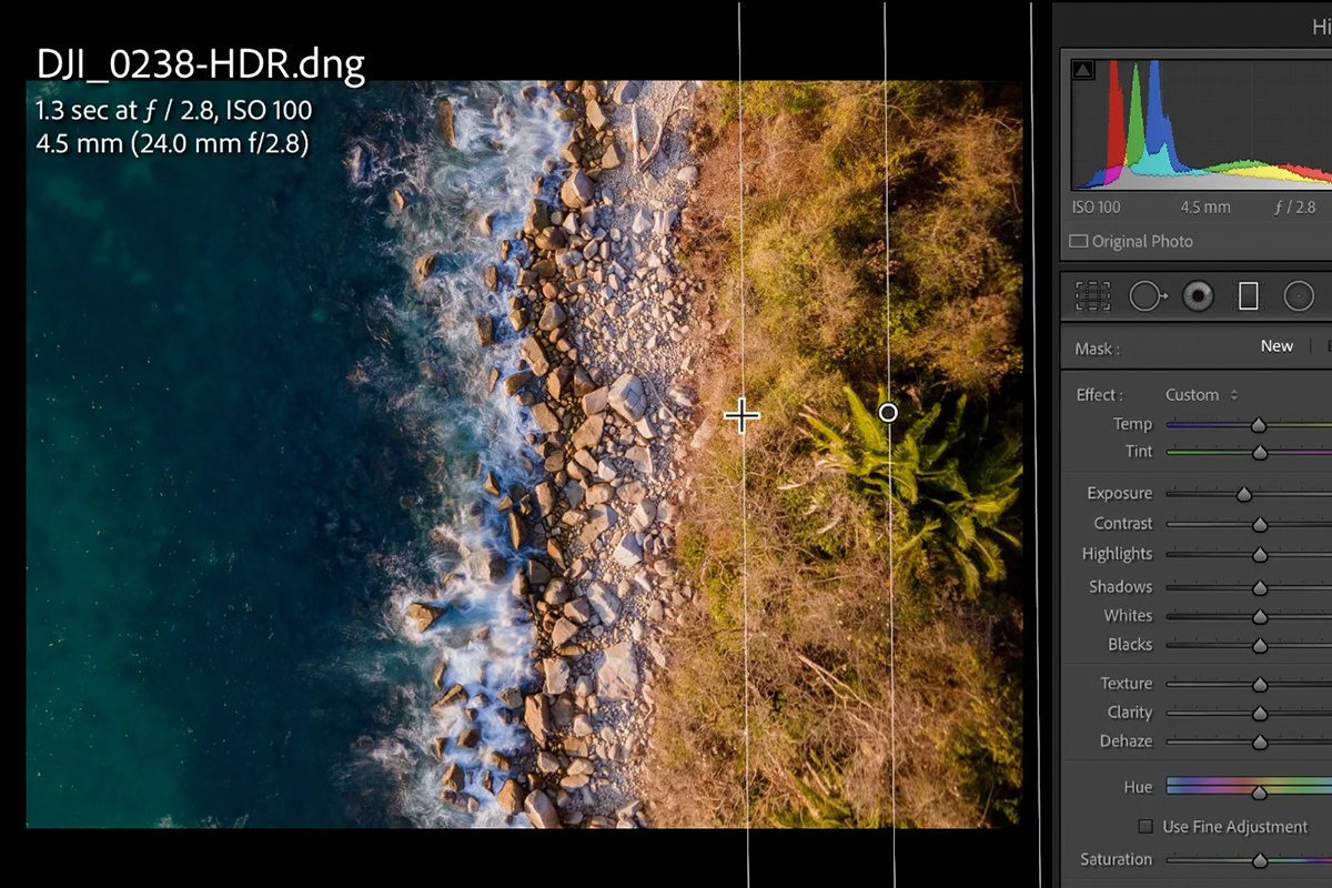 a graduated filter darkening one side of the drone photo in the Develop module