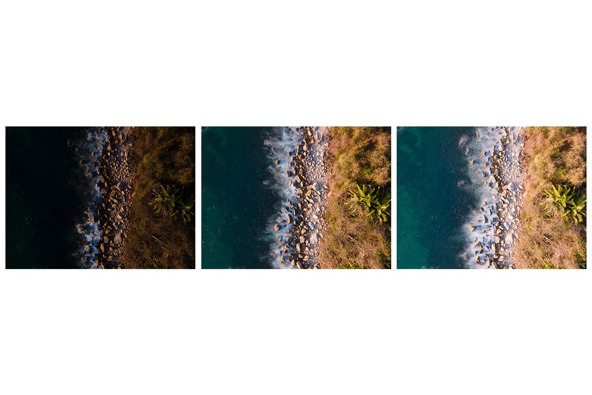 three bracketed drone exposures side by side in Lightroom Classic