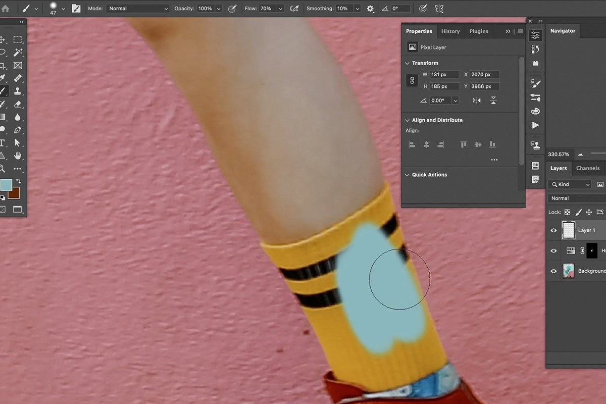 Painted layer set to the Color blend mode preserving the fabric texture