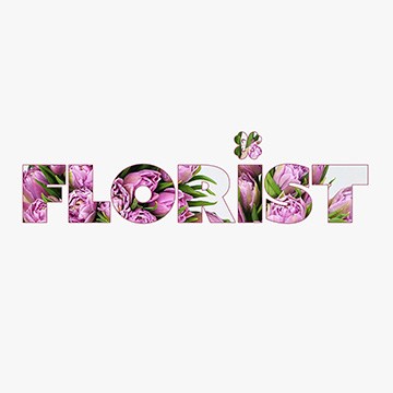 The word FLORIST in bold lettering filled with a floral photo, demonstrating how to fill text with an image in Photoshop