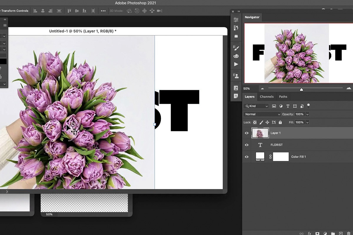Clipped flower image scaled and repositioned inside the letterforms with Free Transform