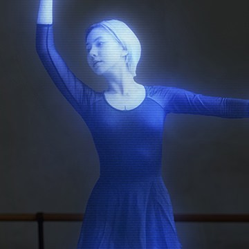 Woman in a blue leotard rendered as a glowing blue hologram, demonstrating how to create a hologram effect in Photoshop