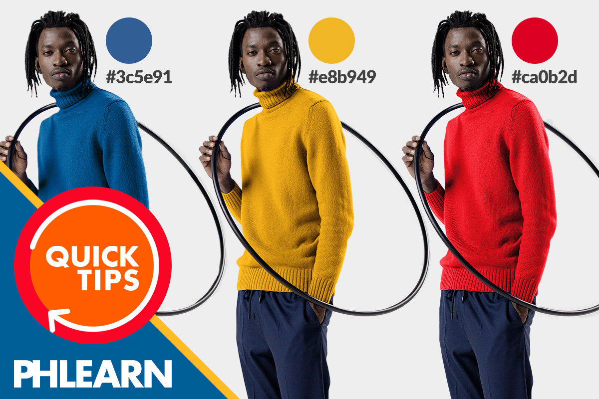The same sweater shown recoloured to three exact hex values