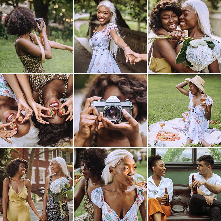Grid of warm, color-graded lifestyle photos of women outdoors, demonstrating how to use the color grading tool in Lightroom Classic