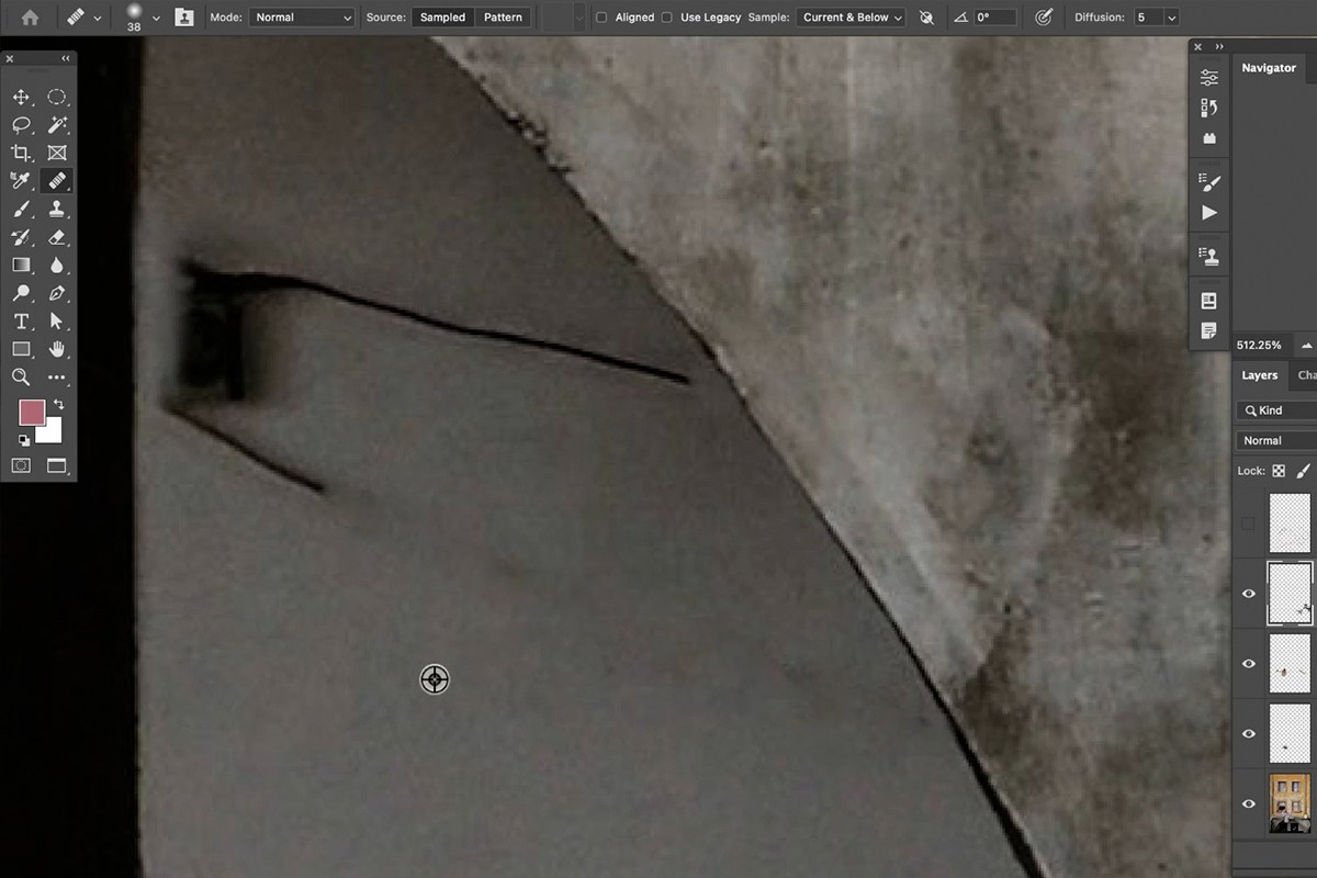 Leftover shadow removed and a soft shadow edge recreated on a Darken layer