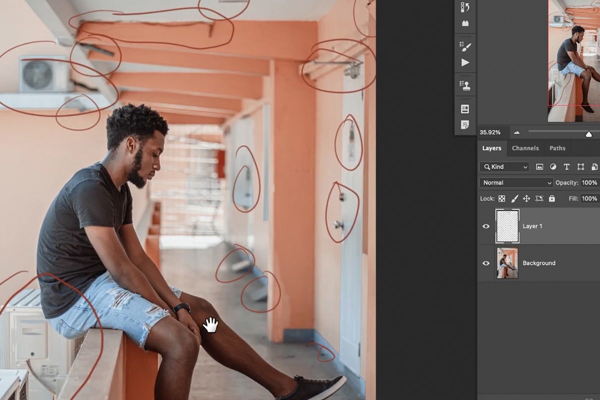 Cluttered room photo with distractions along doorframes, walls, and edges before object removal in Photoshop
