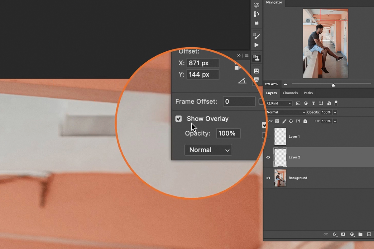 Misaligned clone stamp result repositioned with the Move tool on its own layer