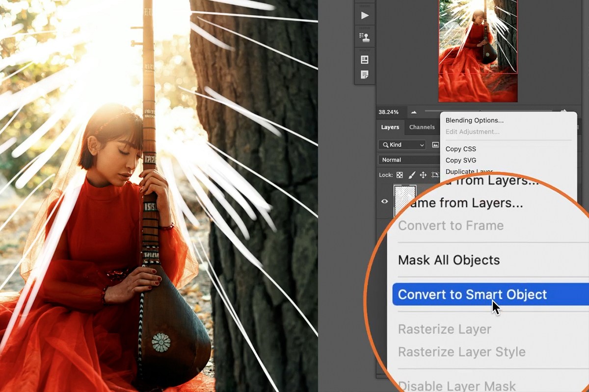 Right-clicking the painted rays layer and choosing Convert to Smart Object from the layer menu
