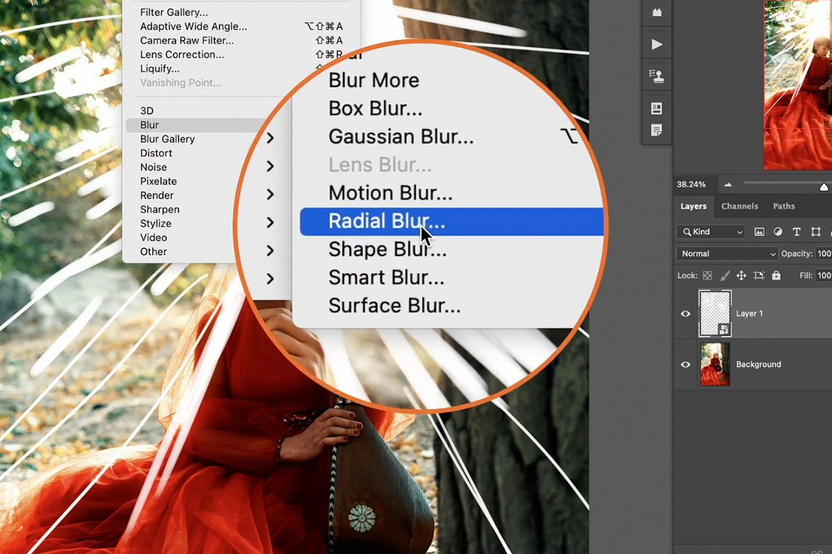 The Blur submenu with Radial Blur selected from the Filter menu