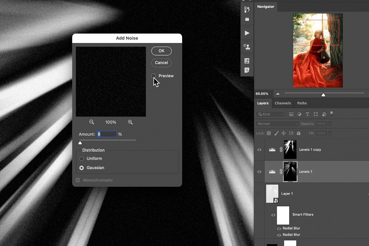 The Add Noise dialog applied to the light rays layer mask, set to a Gaussian distribution