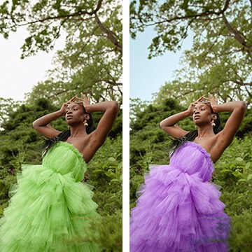 Before-and-after of a woman with a braided updo posing outdoors under tree branches, thumbnail for a tutorial on adjusting colors in Lightroom Desktop
