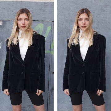 Before-and-after of a woman in a black velvet blazer with graffiti removed from the wall behind her, thumbnail for a tutorial on cleaning up photos with Content-Aware Fill in Photoshop