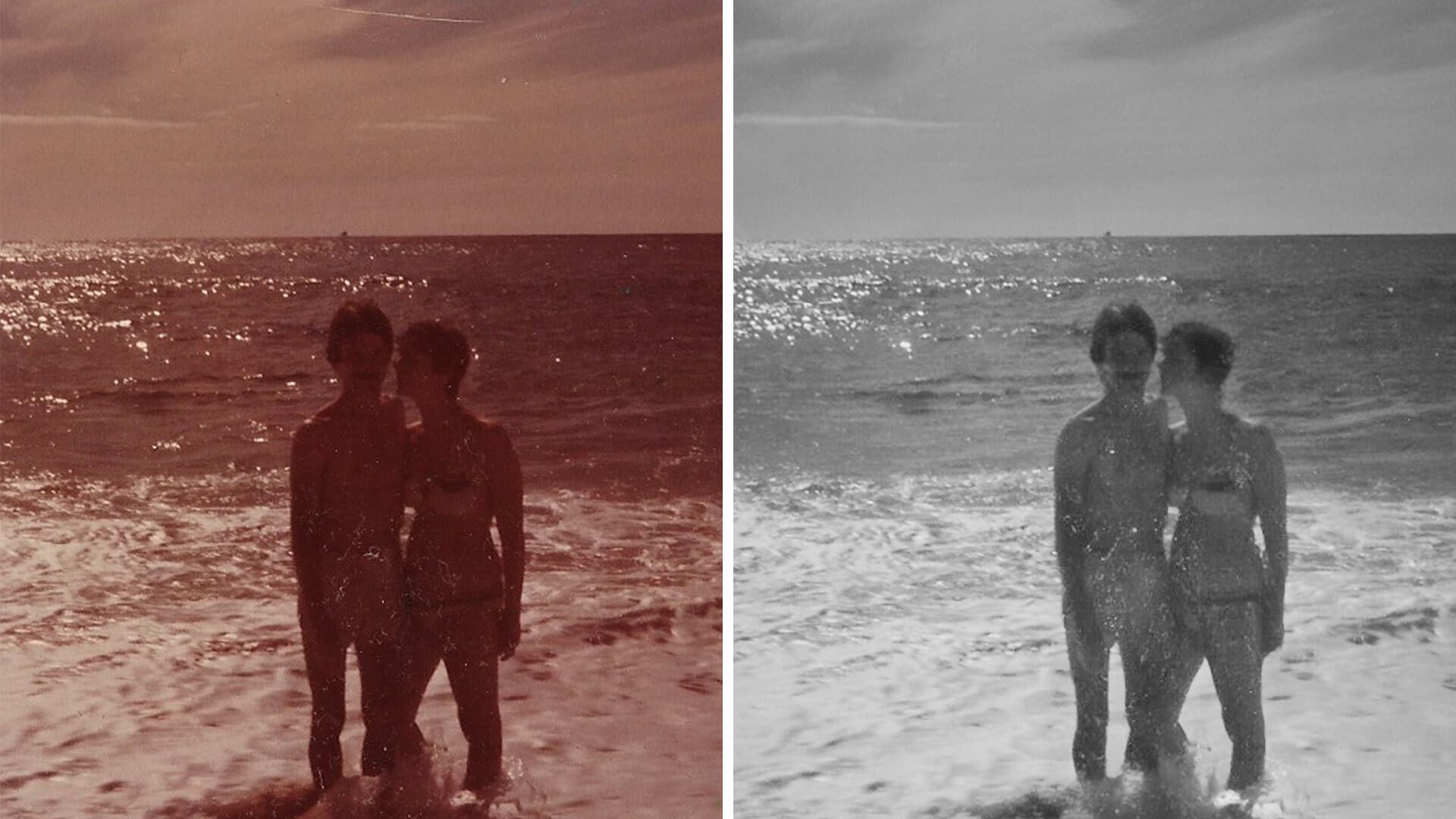 A before-and-after split shows a damaged sepia beach photo restored to clean grayscale, from a tutorial on automatic photo restoration using new AI neural filters in Photoshop.