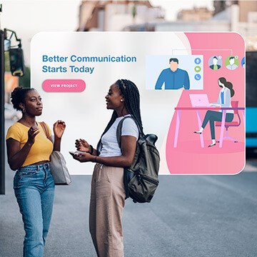 Composited scene of two women talking on a street with a 'Better Communication Starts Today' graphic overlay, thumbnail for a tutorial on compositing text and graphics into photos