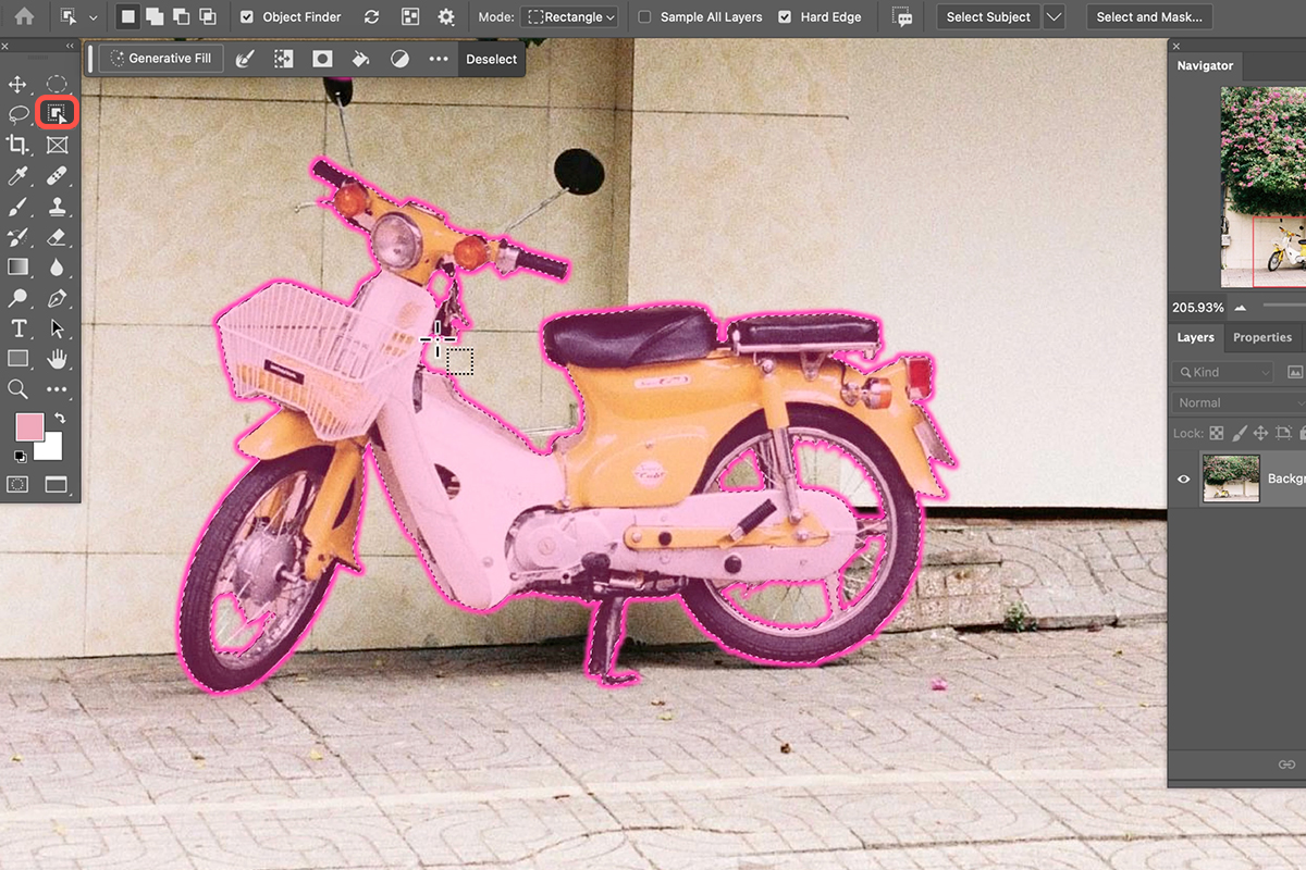 Object Selection tool outlining a yellow moped in Photoshop, the first step to color match it to the scene