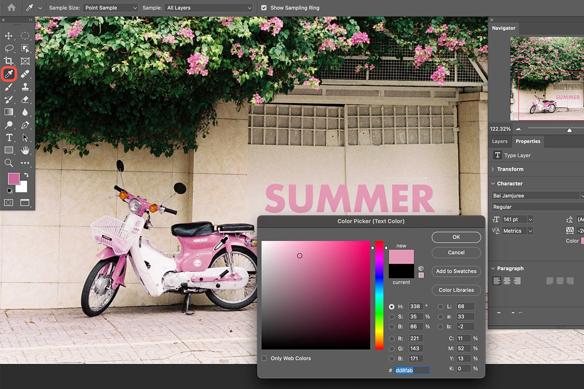 Color Picker sampling pink from the recolored moped to color match the word SUMMER added with the Type tool in Photoshop