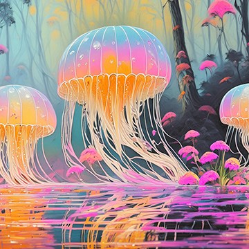 AI-generated illustration of glowing pink and orange jellyfish floating above a forest pool, thumbnail for a tutorial on generating images from text in Photoshop beta