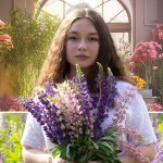 A woman holding lupine flowers