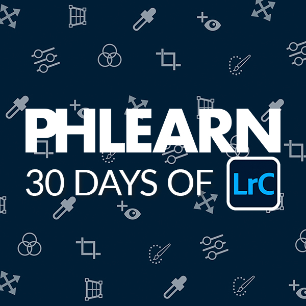 PHLEARN branded graphic with Lightroom Classic tool icons, title card for the '30 Days of Lightroom' welcome tutorial