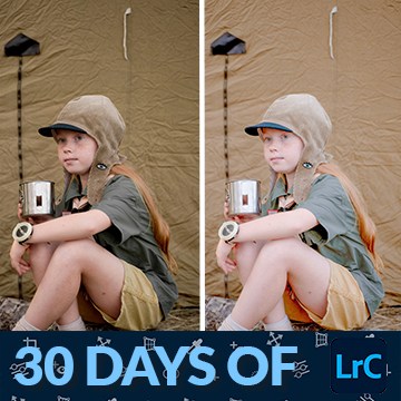 Before-and-after of a child dressed in a vintage safari-style costume, thumbnail for a tutorial on batch editing photos in Lightroom Classic