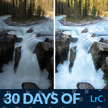 Before-and-after of a forest waterfall cascading over rocks, thumbnail for a tutorial on editing landscapes in Lightroom Classic