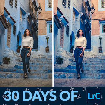 Before-and-after of a woman standing in a blue-painted street, thumbnail for a tutorial on the color grading wheels in Lightroom Classic