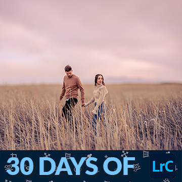 Couple walking hand in hand through a field with a '30 Days of Lightroom Classic' badge, thumbnail for a tutorial on adaptive presets in Lightroom