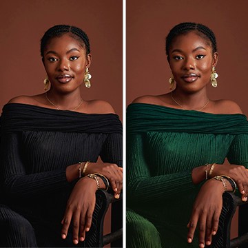 Before-and-after comparison of a woman's black top changed to green, thumbnail for a tutorial on changing black clothing to any color in Photoshop
