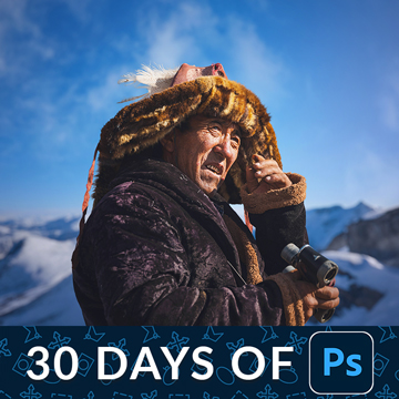 An elderly man in traditional fur clothing holding binoculars against snowy mountains, with a "30 Days of Ps" banner — How to Use Layer Masks in Photoshop – Day 6 tutorial thumbnail
