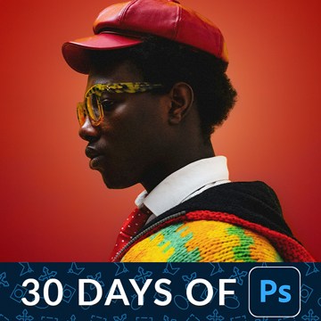 A profile portrait of a man in a red cap, sunglasses and a colorful knit sweater against a red background, with a "30 Days of Ps" banner — How to Use Select Subject in Photoshop – Day 9 tutorial thumbnail