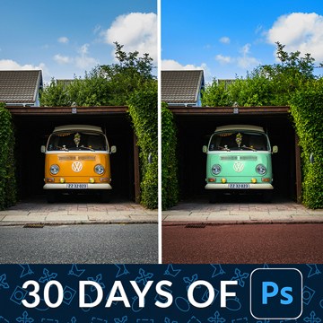 A before/after of a VW bus with its color changed from orange to green in a garage, with a "30 Days of Ps" banner — How to Change the Color of Anything in Photoshop – Day 8 tutorial thumbnail