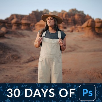 A woman in tan overalls and a sunhat standing among red rock formations, with a "30 Days of Ps" banner — How to Use Adobe Camera Raw in Photoshop – Day 10 tutorial thumbnail