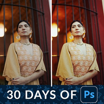 A before/after of a woman in a yellow embroidered outfit standing near decorative arched windows, with a "30 Days of Ps" banner — Adjustment Layers in Photoshop: A Complete Guide – Day 5 tutorial thumbnail