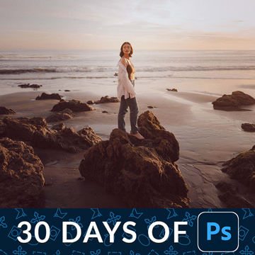 A before/after of a woman standing on a rocky beach outcrop at dusk near the ocean, with a "30 Days of Ps" banner — Photoshop File Formats: PSD, TIFF, JPEG and PNG – Day 3 tutorial thumbnail