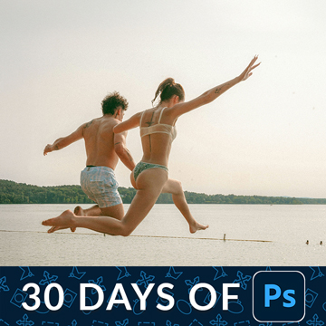 A couple jumping joyfully with arms outstretched on a beach, with a "30 Days of Ps" banner — How to Crop, Straighten and Expand Photos in Photoshop – Day 13 tutorial thumbnail