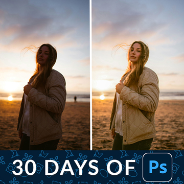 A before/after of a woman on a beach at sunset with wind-blown hair and exposure corrected, with a "30 Days of Ps" banner — How to Correct Exposure in Photoshop – Day 22 tutorial thumbnail